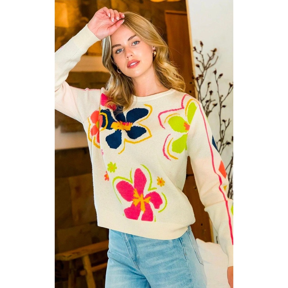 THML Cream Floral Intarsia Knit Crewneck Pullover Sweater size large‎ - Picture 2 of 2